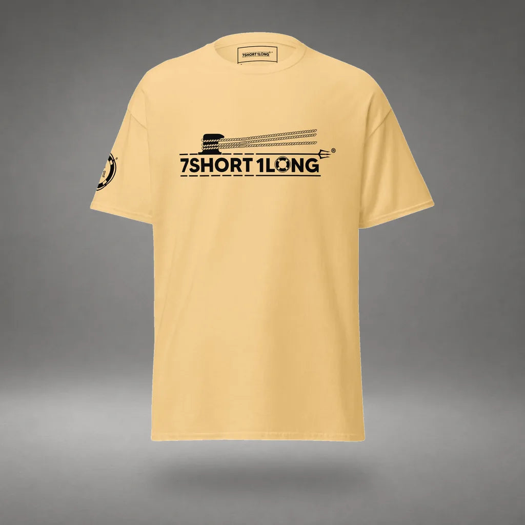 Nautical Deck Hand T-Shirt in Yellow Haze, front view, floating over a gray studio floor.