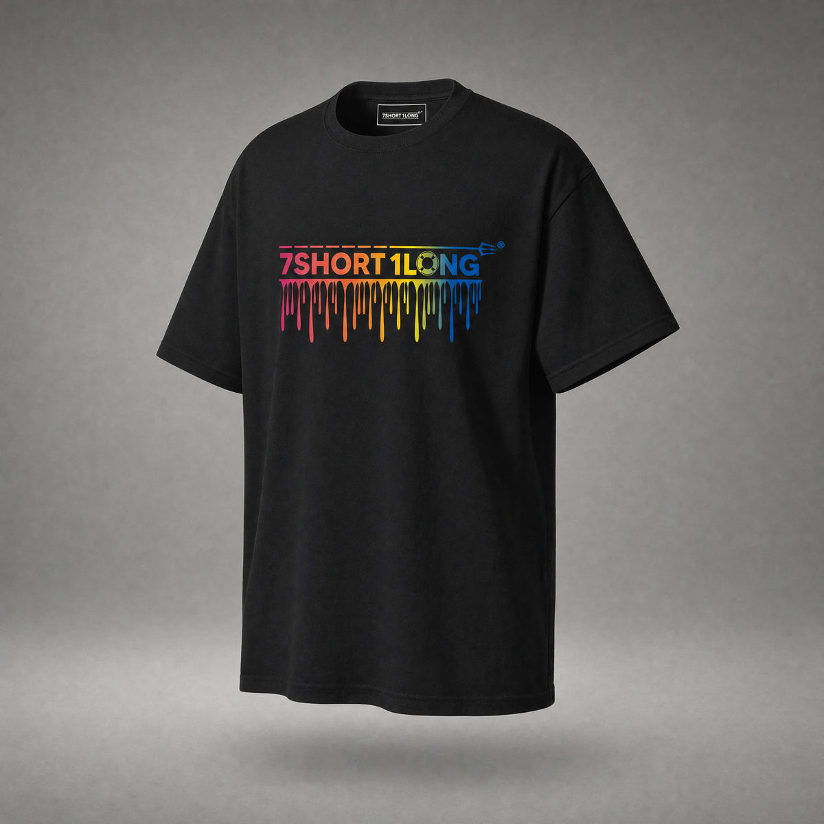 Black One Sea One Crew T-shirt turned slightly to the right, the rainbow drip wordmark bright against the dark cotton.