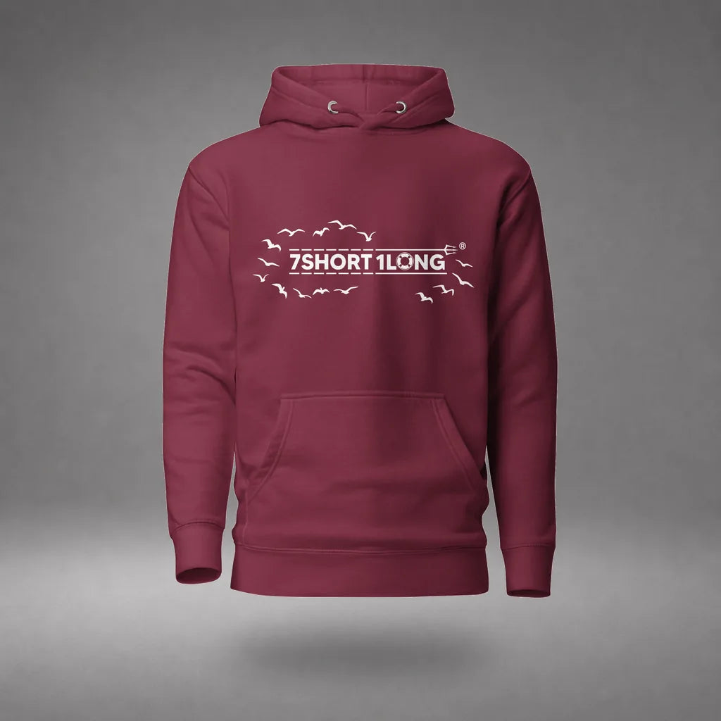 Open Ocean Maritime Hoodie in Maroon, featured product view, floating over a gray studio floor.