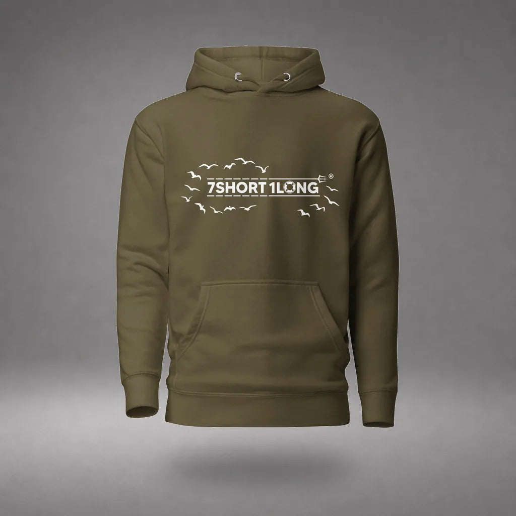 Open Ocean Maritime Hoodie in Military Green, front view, floating over a gray studio floor.