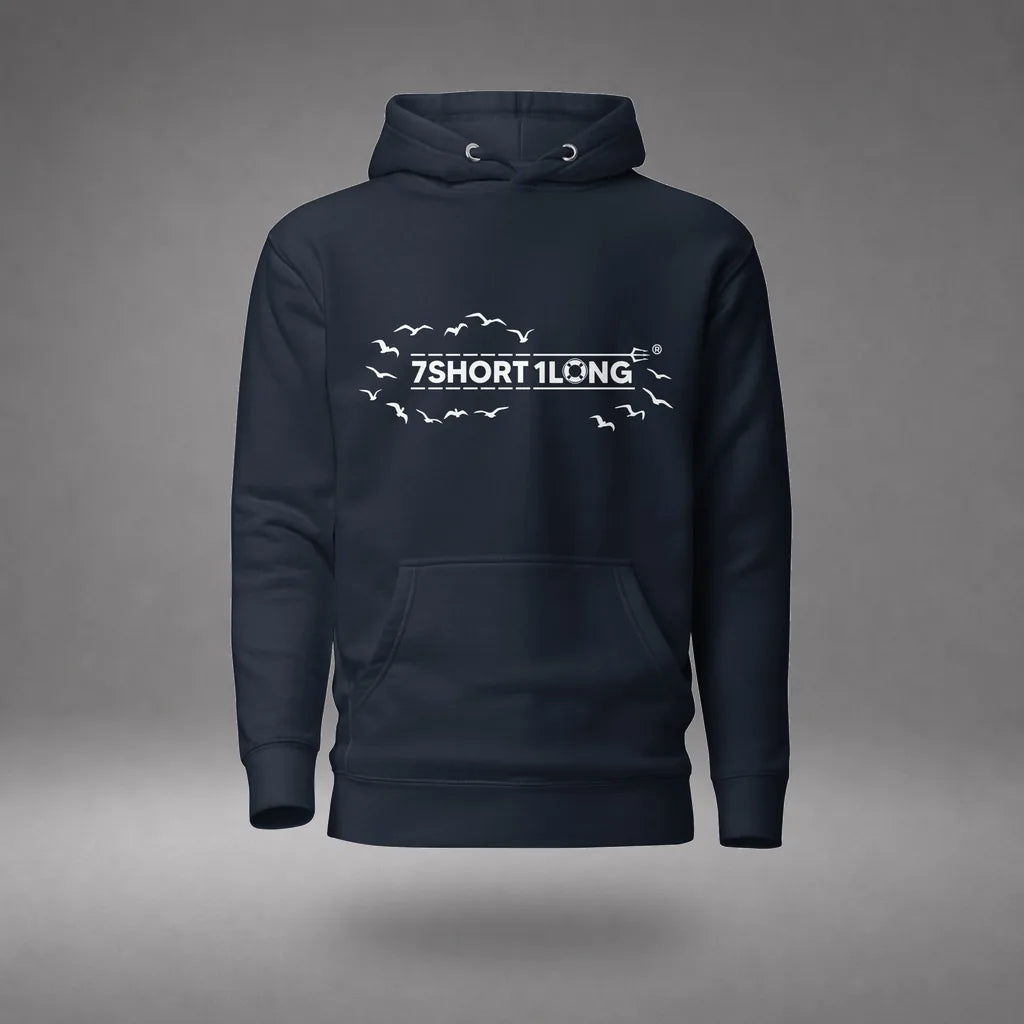 Open Ocean Maritime Hoodie in Navy Blazer, front view, floating over a gray studio floor.