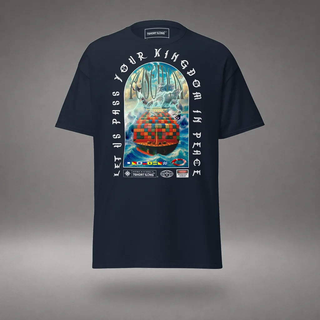 Poseidon Judgment Container Ship T-Shirt in Navy, front view, floating over a gray studio floor.