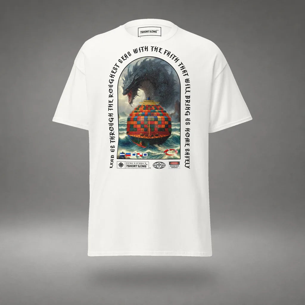 Sea Monster Container Ship Attack T-Shirt in White, featured product view, floating over a gray studio floor.