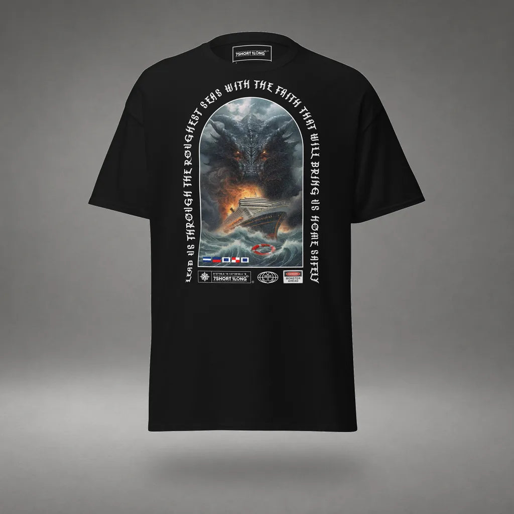 Sea Monster Cruise Ship Attack T-Shirt in Black, front view, floating over a gray studio floor.