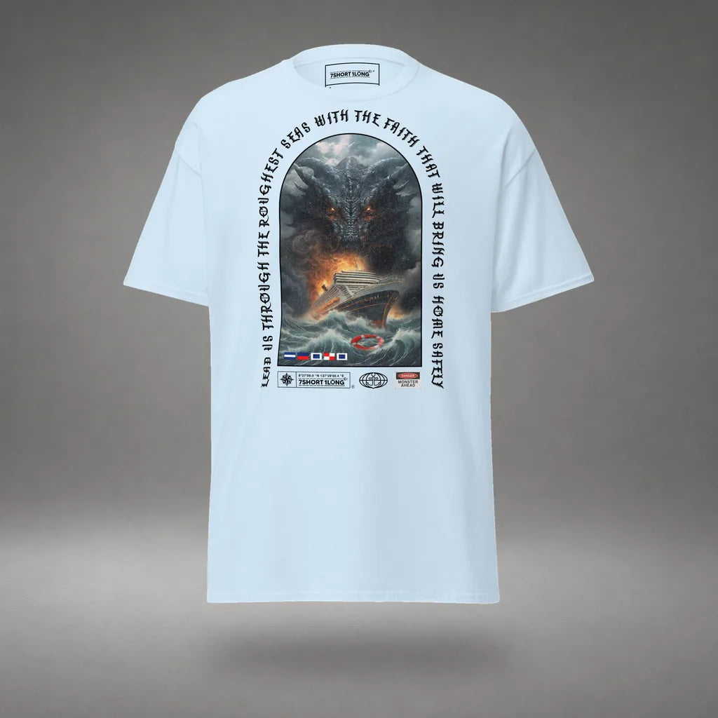 Sea Monster Cruise Ship Attack T-Shirt in Light Blue, featured product view, floating over a gray studio floor.