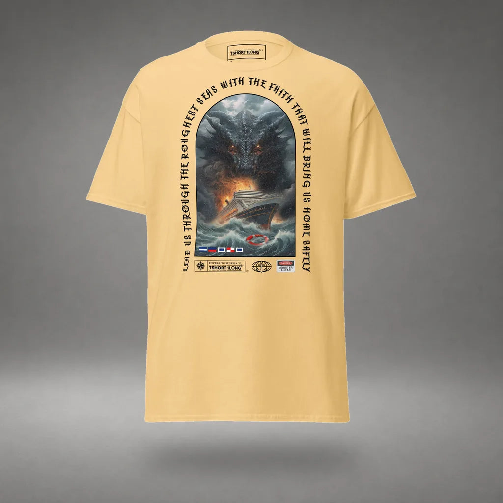 Sea Monster Cruise Ship Attack T-Shirt in Yellow Haze, front view, floating over a gray studio floor.