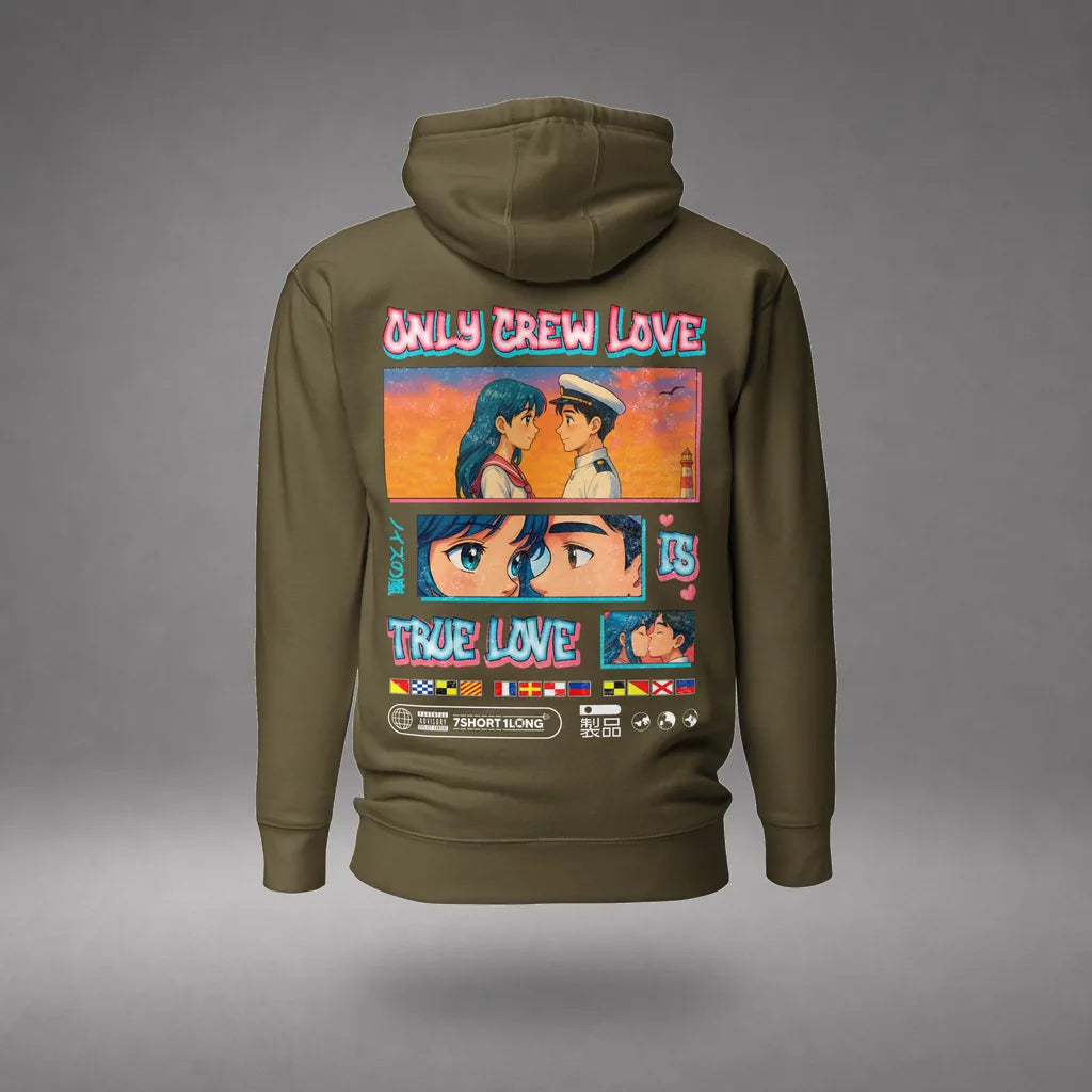 Seafarer Anime Crew Love Is True Love Hoodie in Military Green, featured product view, floating over a gray studio floor.