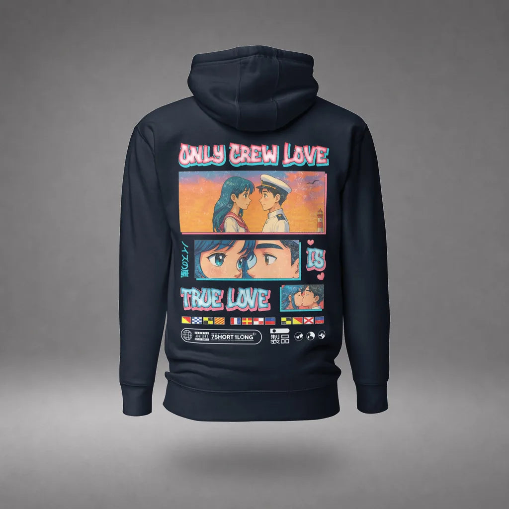 Seafarer Anime Crew Love Is True Love Hoodie in Navy Blazer, featured product view, floating over a gray studio floor.