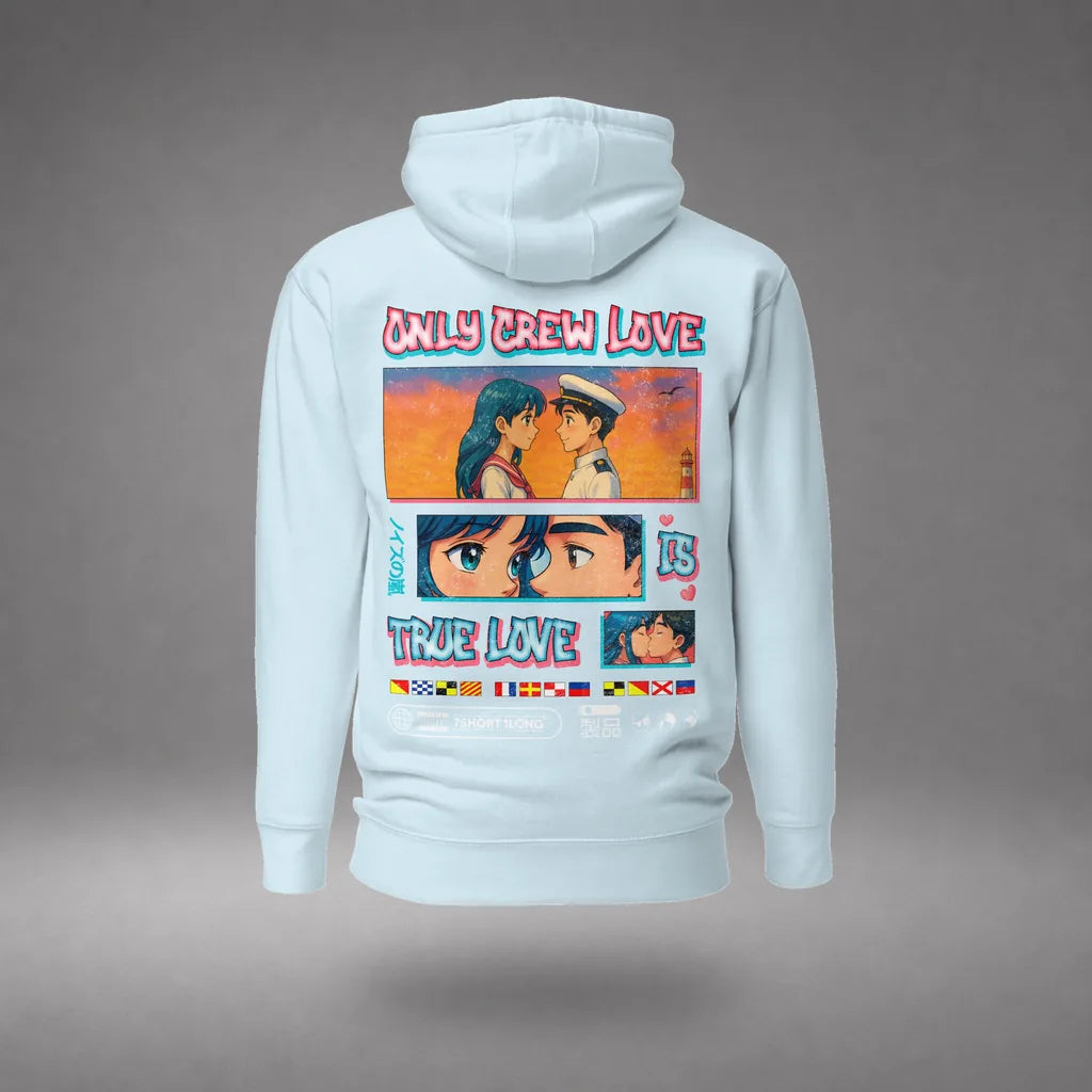 Seafarer Anime Crew Love Is True Love Hoodie in Sky Blue, featured product view, floating over a gray studio floor.