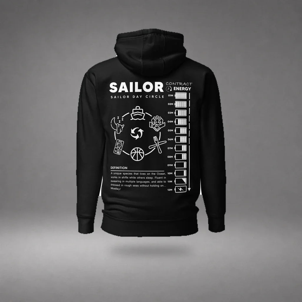 Black Seafarer Daily Life Hoodie floating mockup, back view with sailor daily routine graphic and soft shadow.
