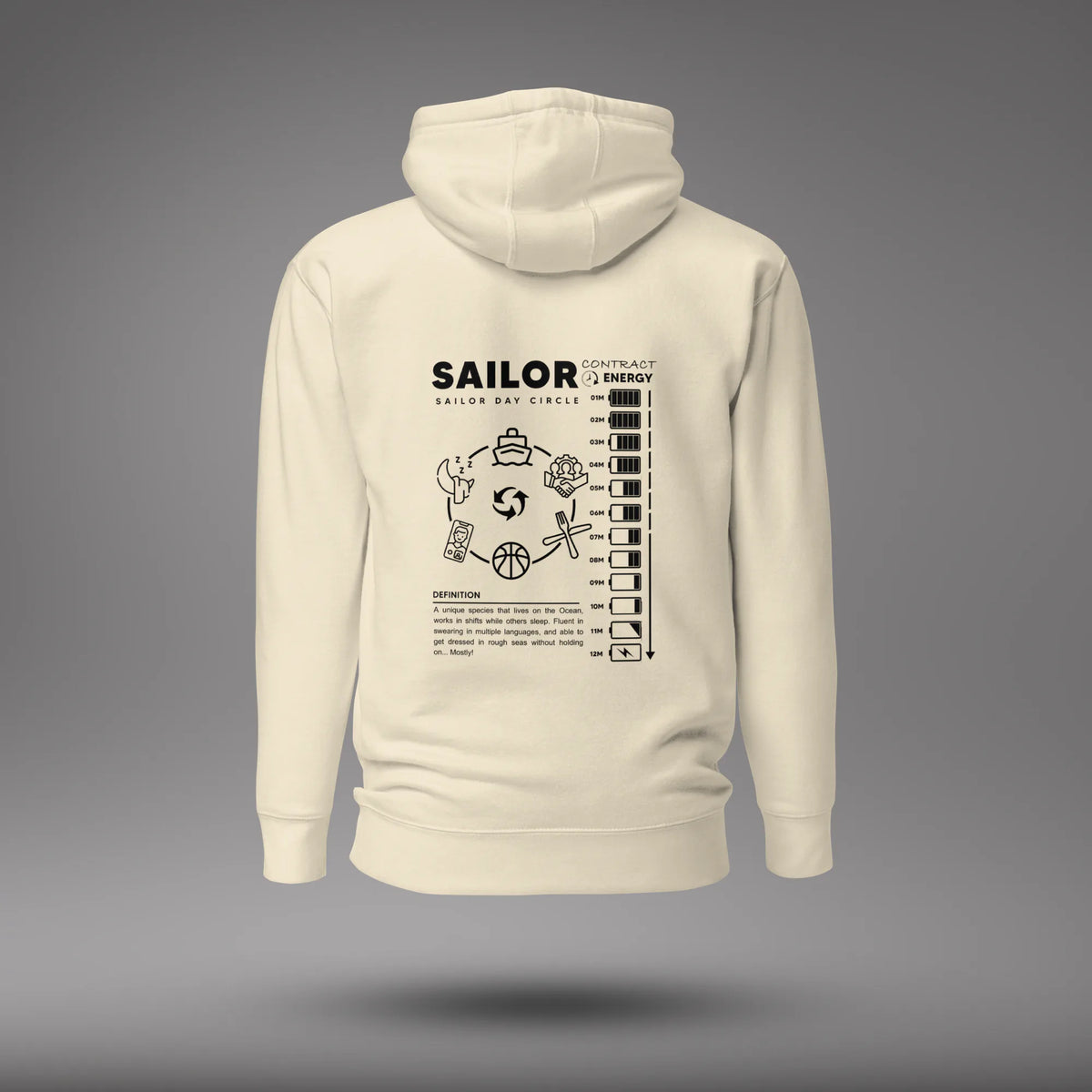 Bone Seafarer Daily Life Hoodie, back view with the Sailor Day Circle graphic and sailor definition, floating on a gray studio background.