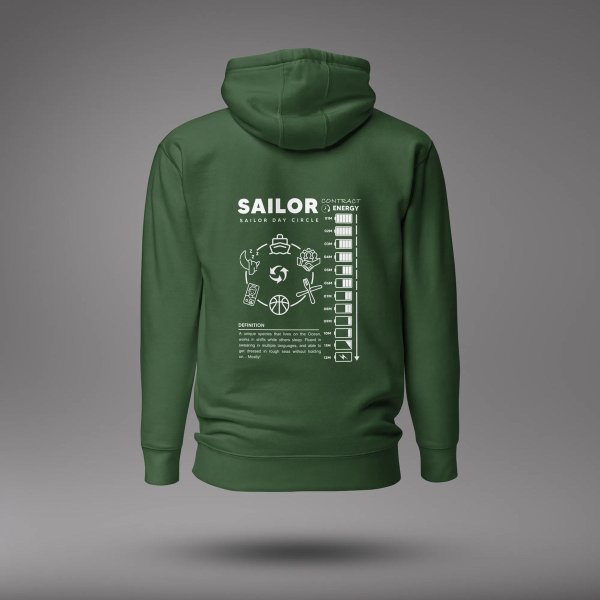 Forest Green Seafarer Daily Life Hoodie, back view with the Sailor Day Circle graphic and sailor definition, floating on a gray studio background.