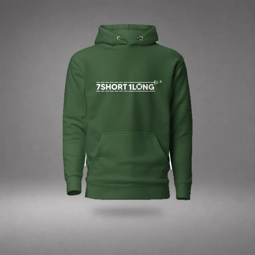 Forest Green Seafarer Daily Life Hoodie floating mockup, front view with 7SHORT1LONG chest logo and soft shadow.