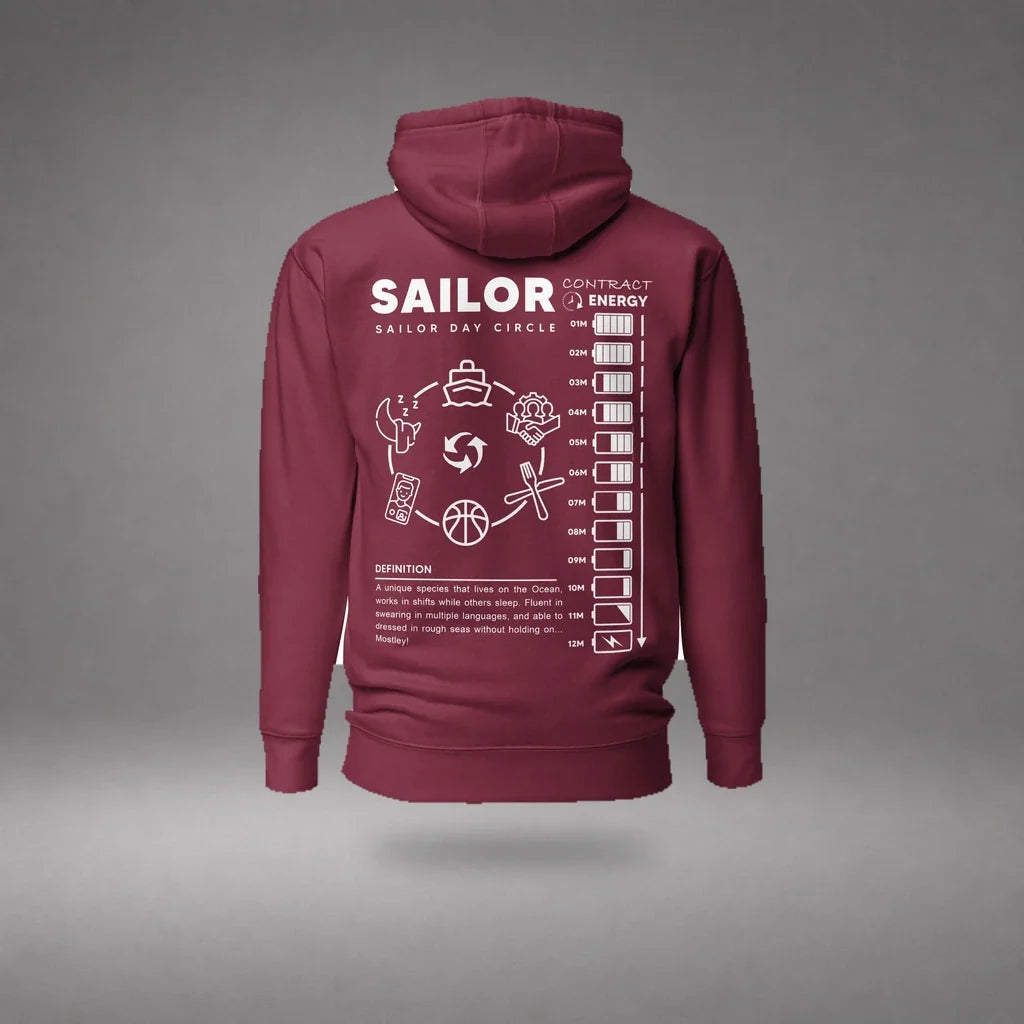 Maroon Seafarer Daily Life Hoodie floating mockup, back view with sailor daily routine graphic and soft shadow.