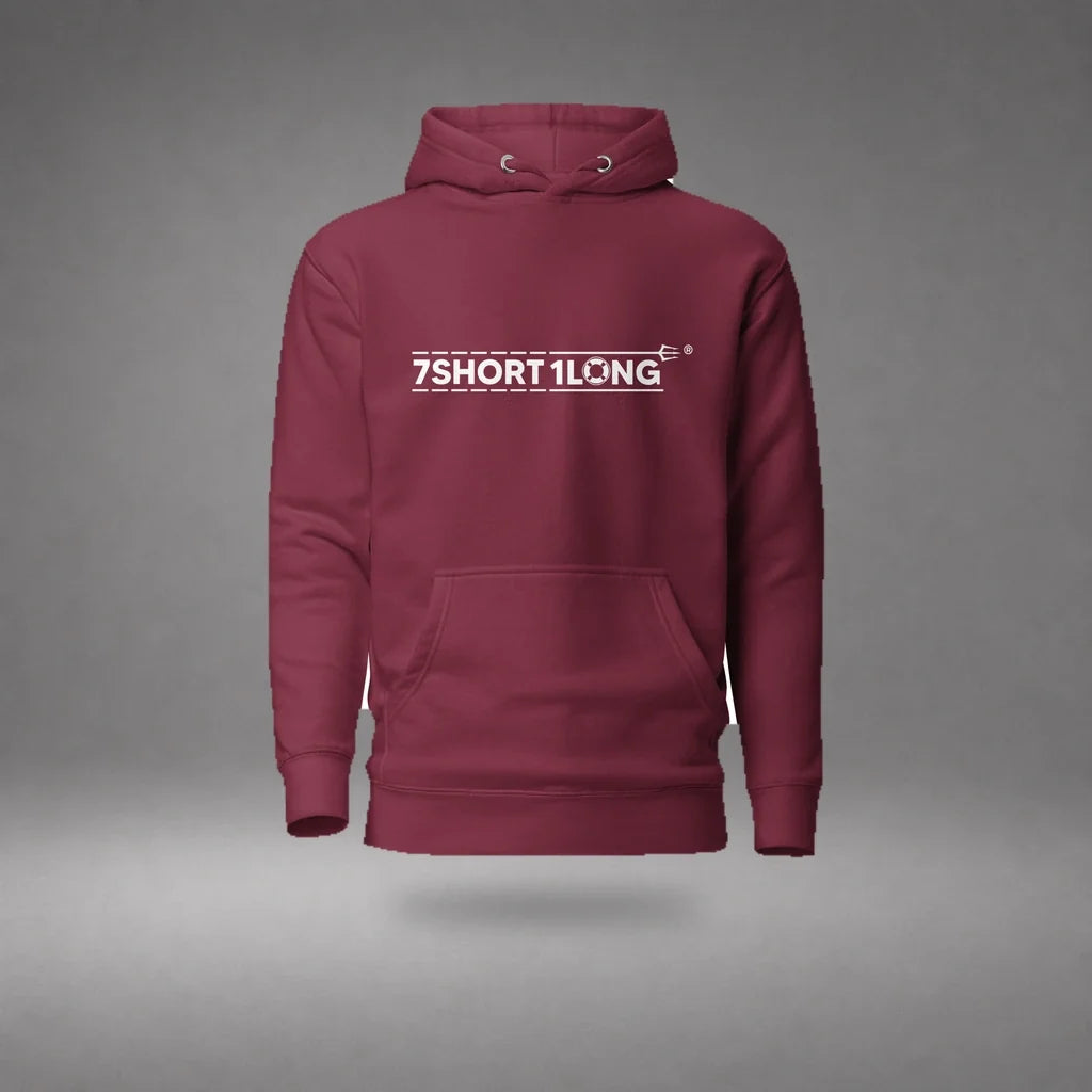 Maroon Seafarer Daily Life Hoodie floating mockup, front view with 7SHORT1LONG chest logo and soft shadow.