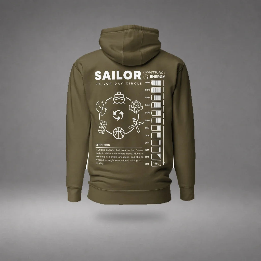 Military Green Seafarer Daily Life Hoodie floating mockup, back view with sailor daily routine graphic and soft shadow.