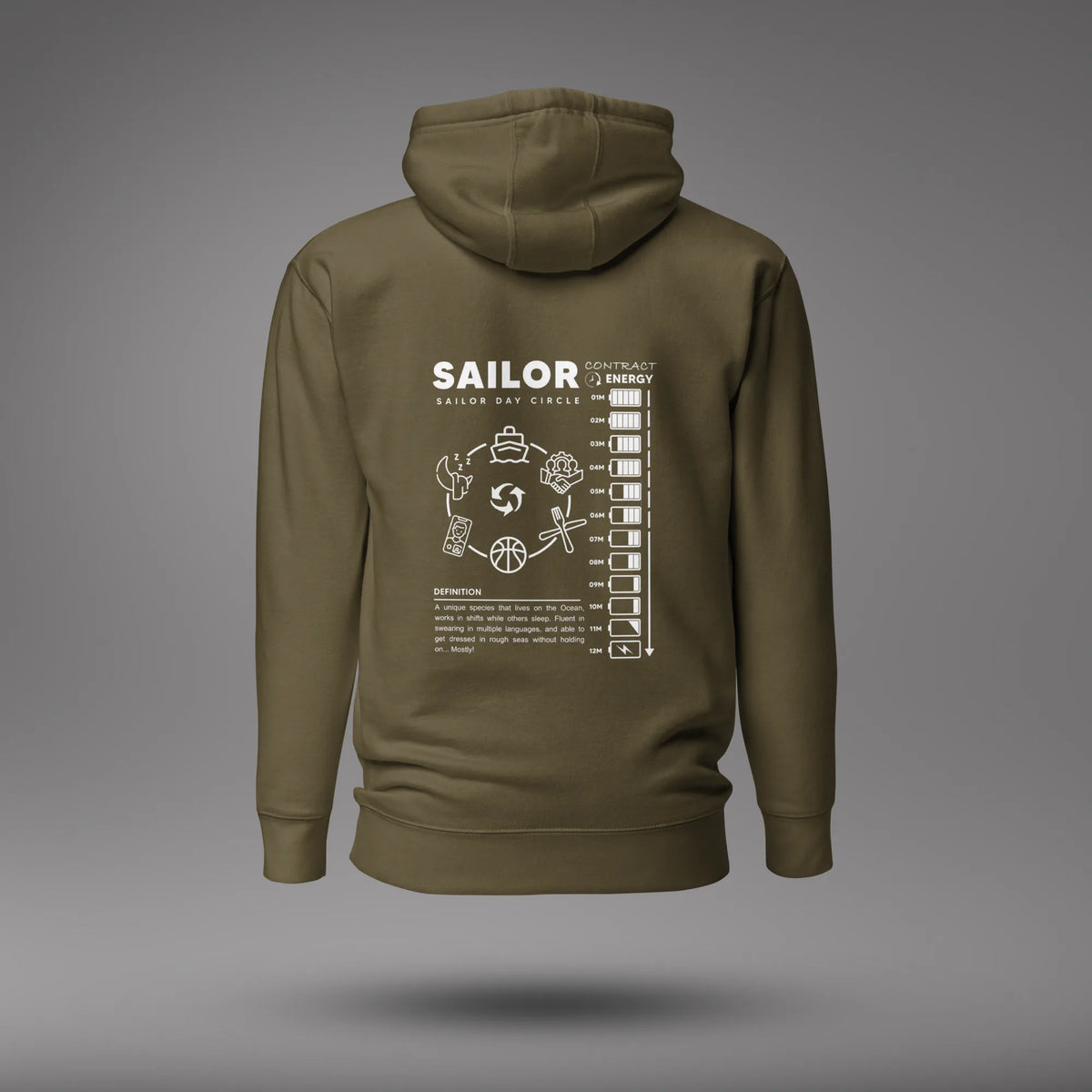 Military Green Seafarer Daily Life Hoodie, back view with the Sailor Day Circle graphic and sailor definition, floating on a gray studio background.