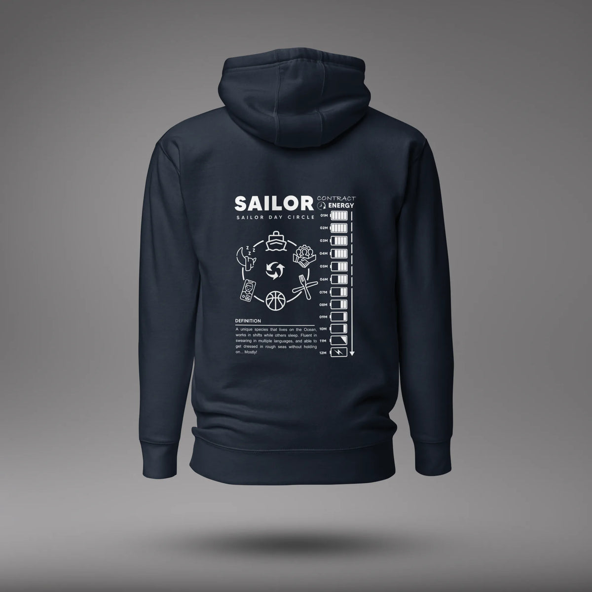 Navy Blazer Seafarer Daily Life Hoodie, back view with the Sailor Day Circle graphic and sailor definition, floating on a gray studio background.