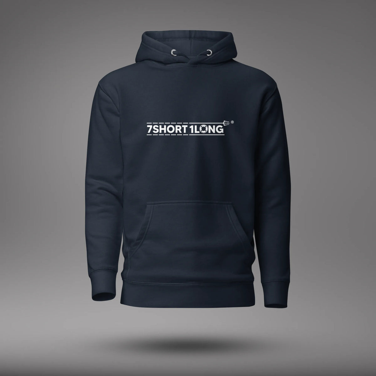 Navy Blazer Seafarer Daily Life Hoodie, front view with 7SHORT1LONG chest logo, floating on a gray studio background.