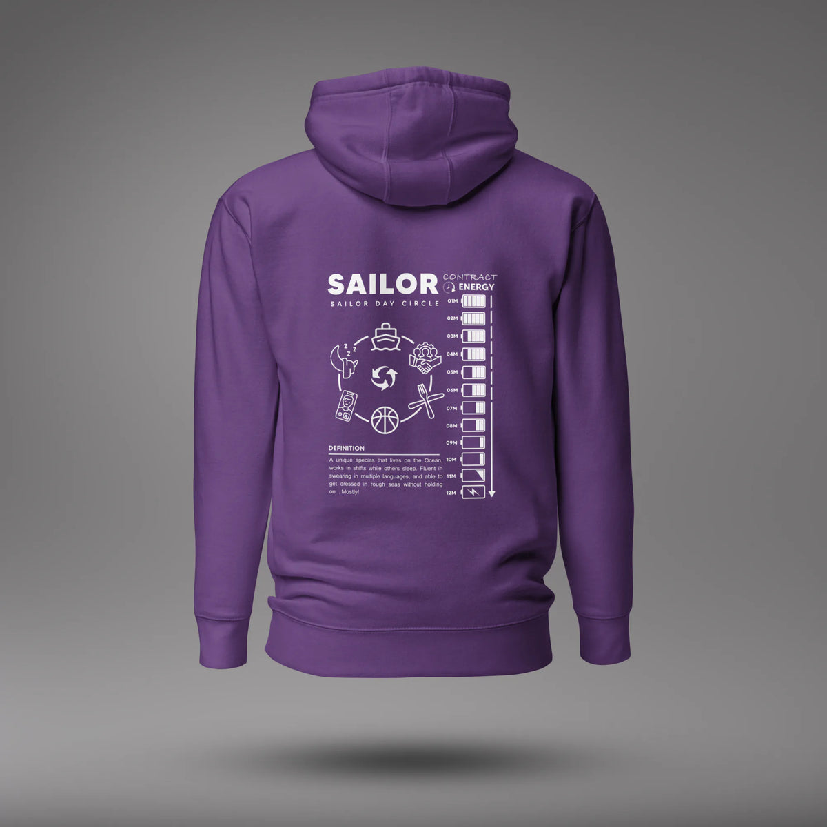 Purple Seafarer Daily Life Hoodie, back view with the Sailor Day Circle graphic and sailor definition, floating on a gray studio background.