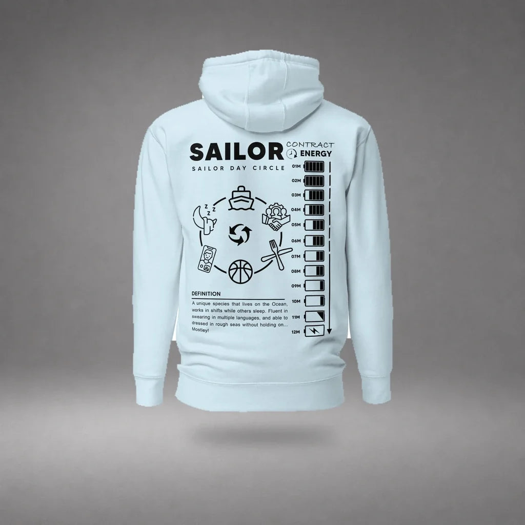 Sky Blue Seafarer Daily Life Hoodie floating mockup, back view with sailor daily routine graphic and soft shadow.