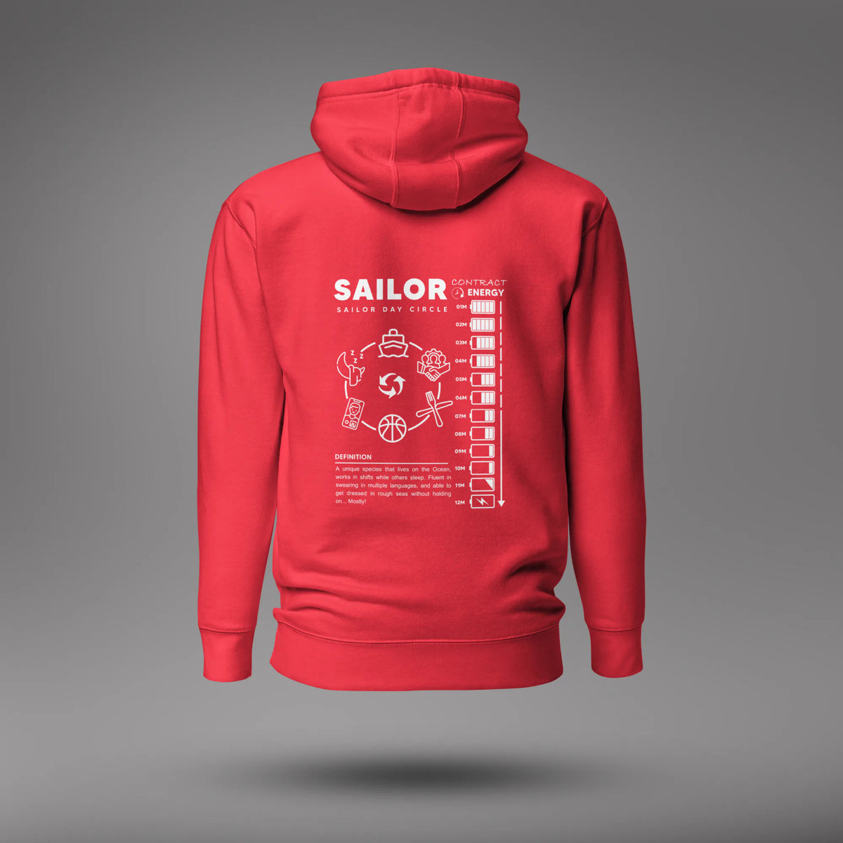 Team Red Seafarer Daily Life Hoodie, back view with the Sailor Day Circle graphic and sailor definition, floating on a gray studio background.