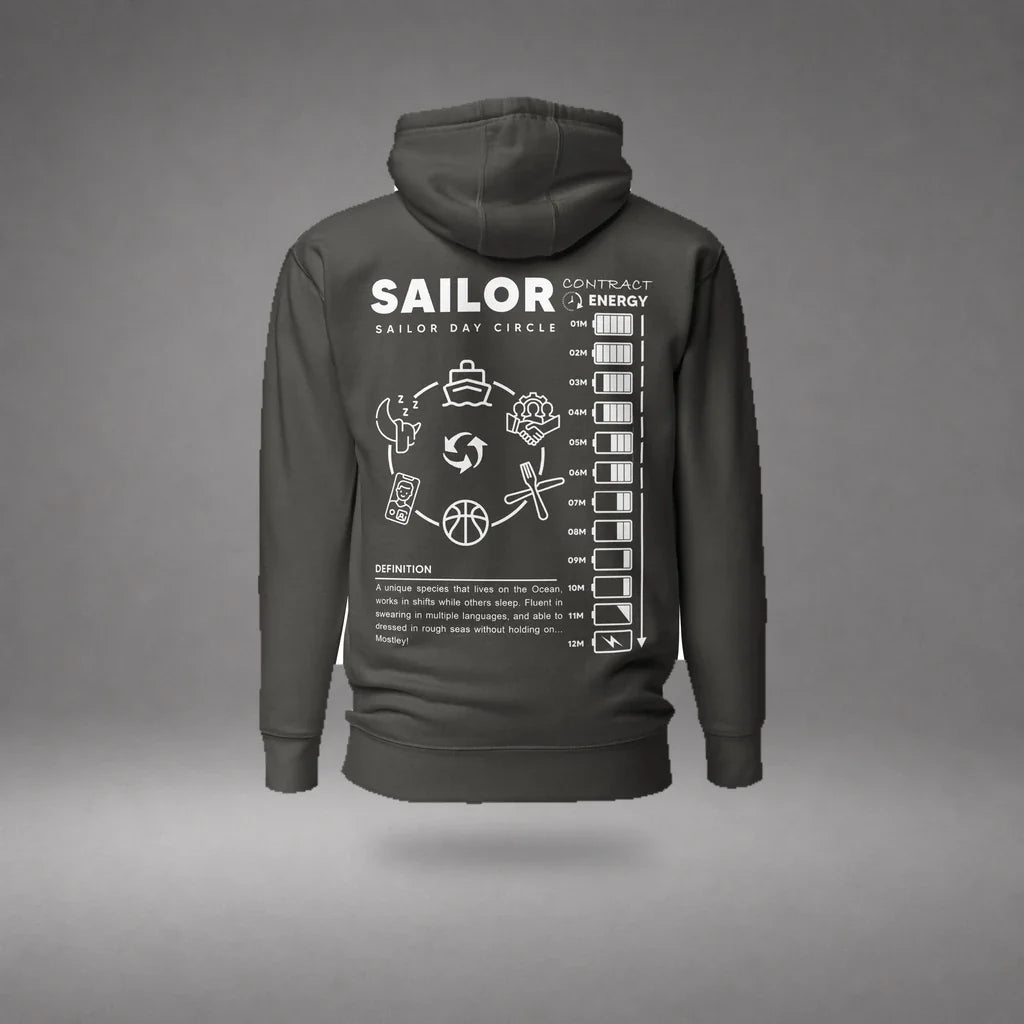 Vintage Black Seafarer Daily Life Hoodie floating mockup, back view with sailor daily routine graphic and soft shadow.