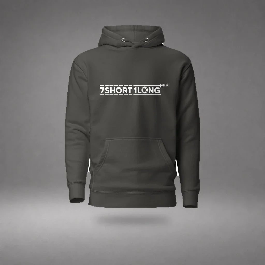 Vintage Black Seafarer Daily Life Hoodie floating mockup, front view with 7SHORT1LONG chest logo and soft shadow.