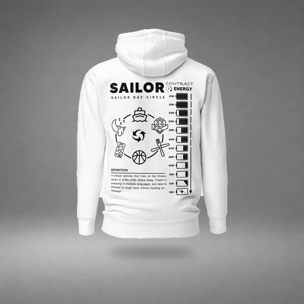 White Seafarer Daily Life Hoodie floating mockup, back view with sailor daily routine graphic and soft shadow.