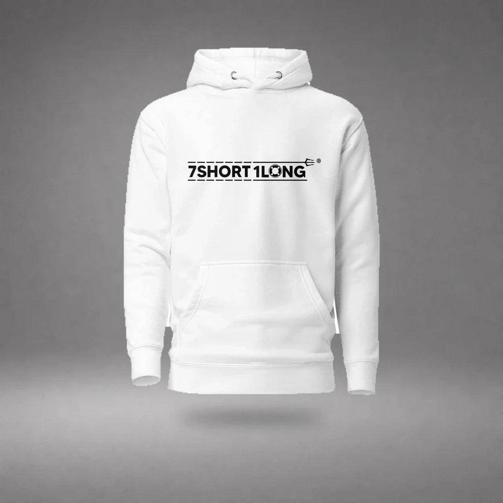 White Seafarer Daily Life Hoodie floating mockup, front view with 7SHORT1LONG chest logo and soft shadow.
