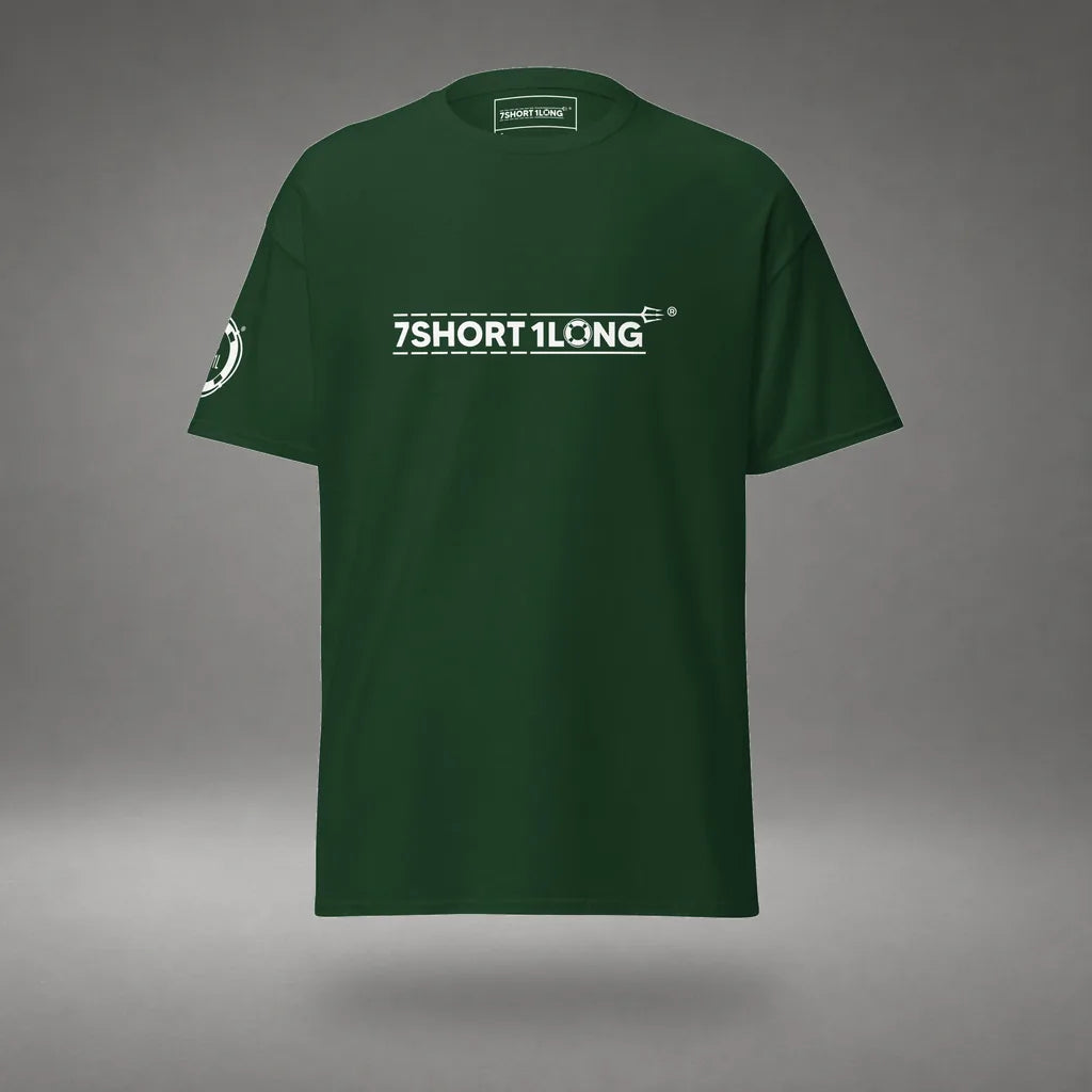 Seafarer Emergency Signal T-Shirt in Forest Green, front view, floating over a gray studio floor.