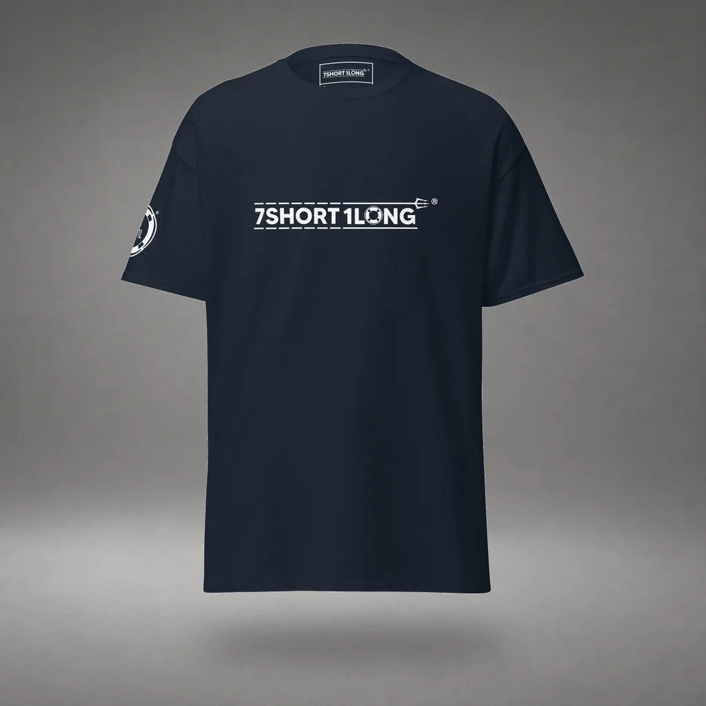 Seafarer Emergency Signal T-Shirt in Navy, front view, floating over a gray studio floor.