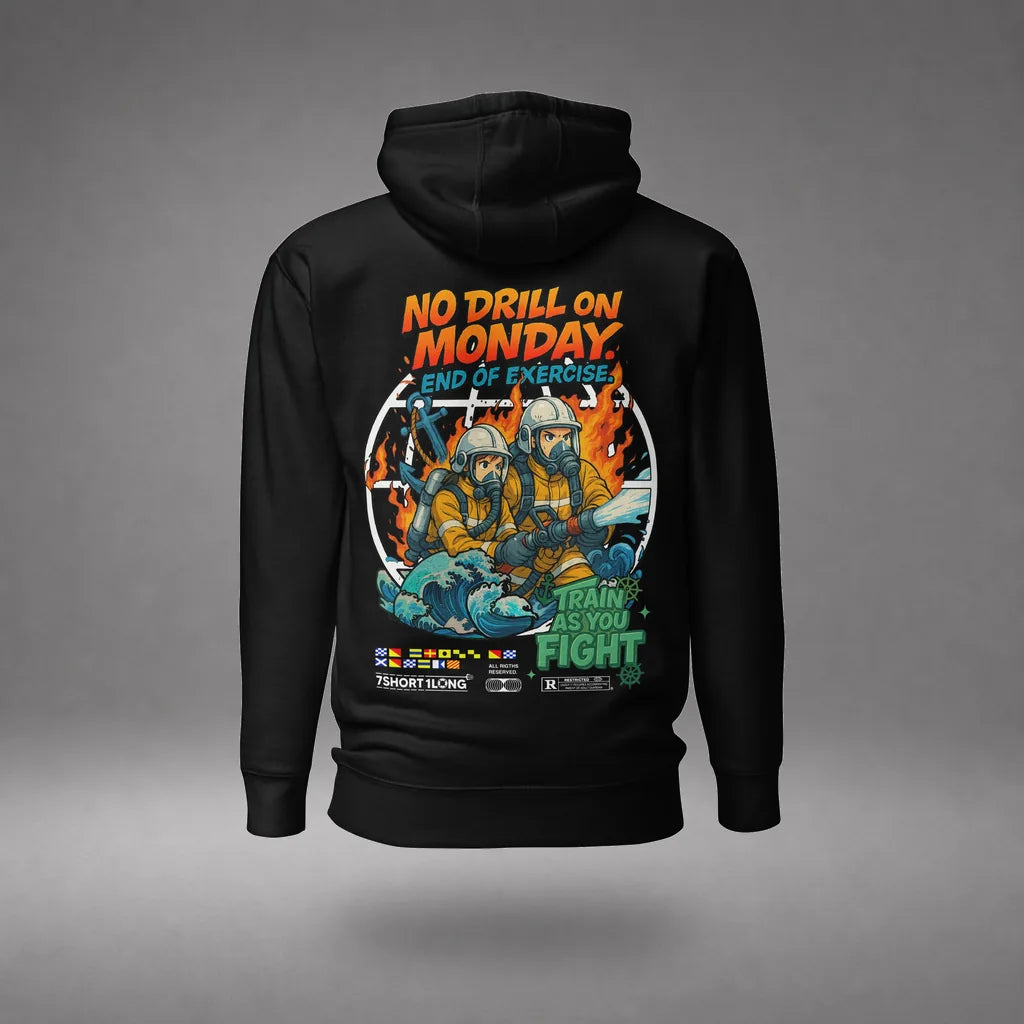Seafarer Fire Drill Hoodie in Black, front view, floating over a gray studio floor.