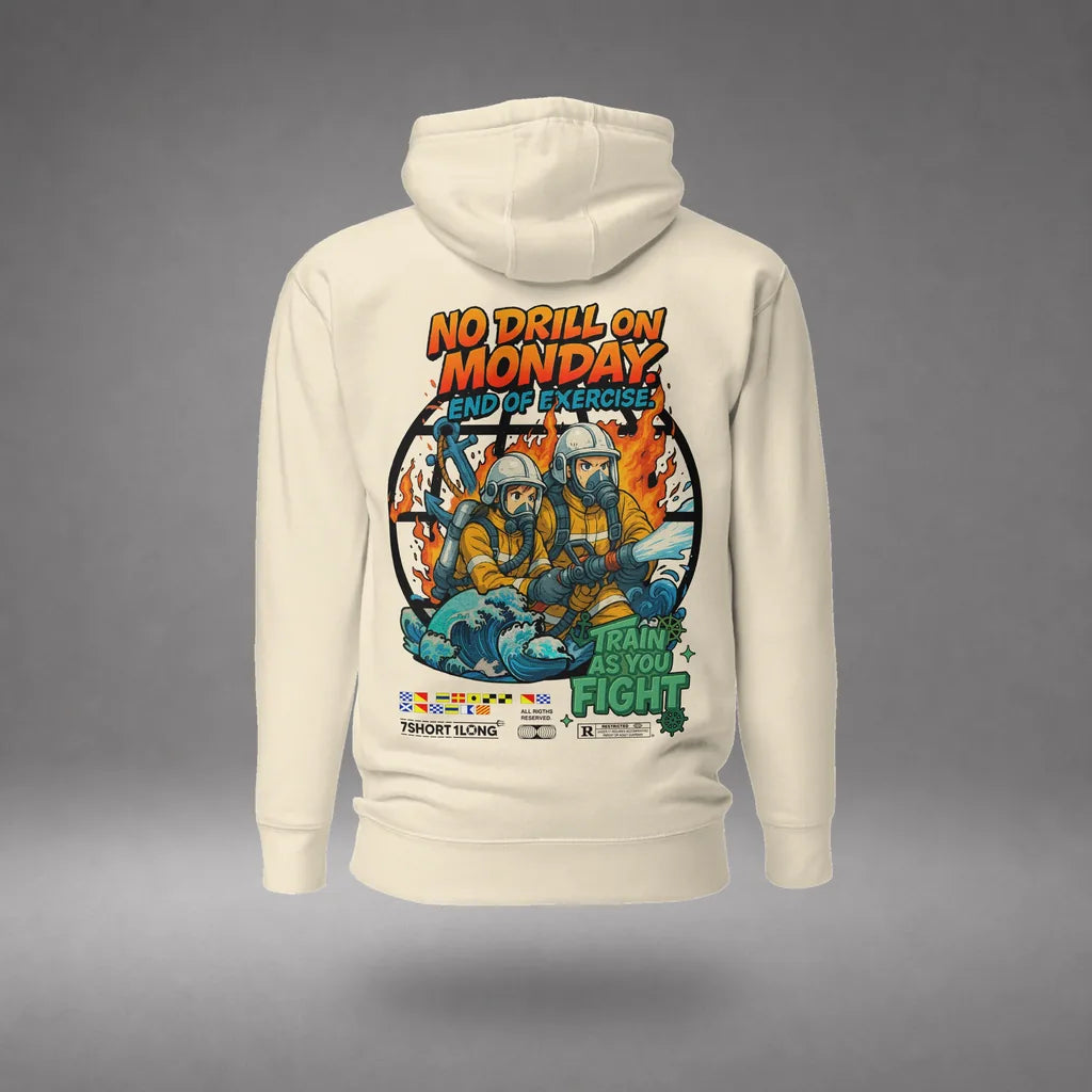 Seafarer Fire Drill Hoodie in Bone, back view, floating over a gray studio floor.