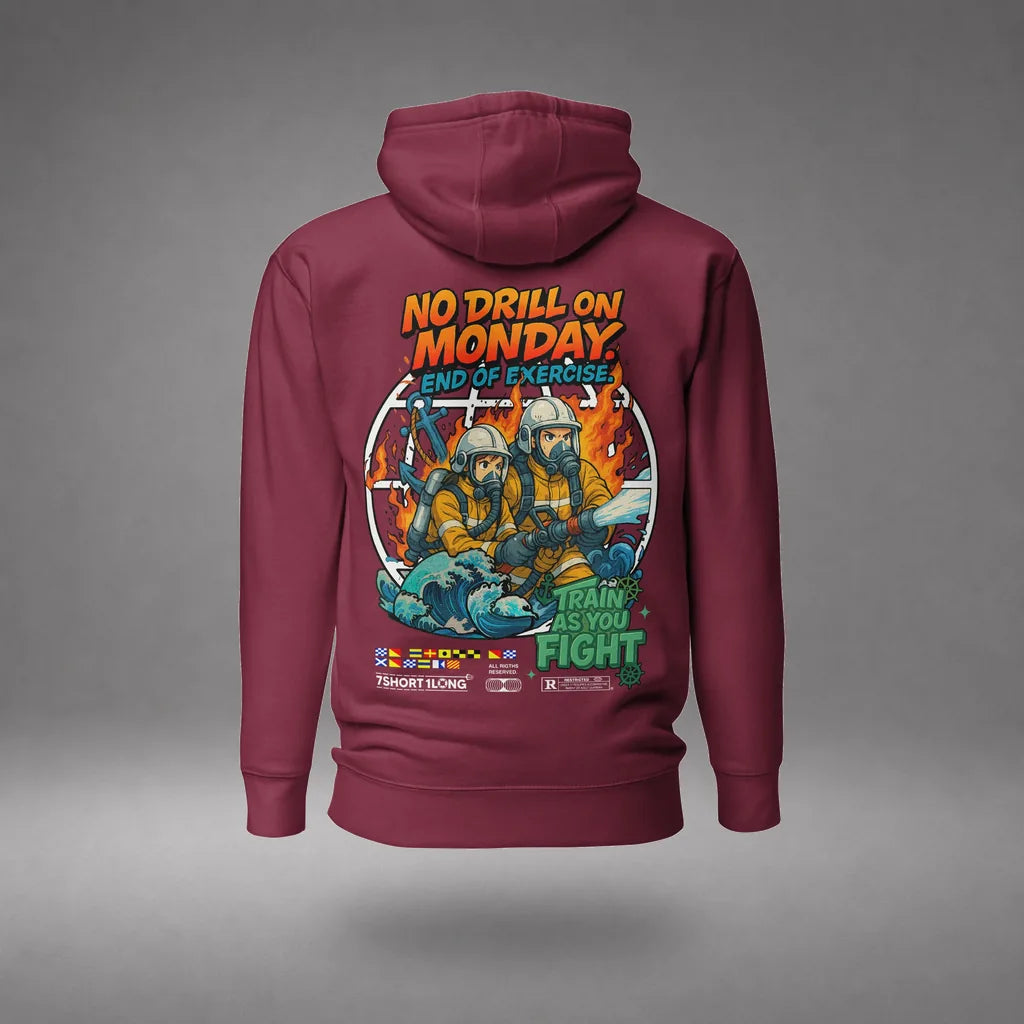 Seafarer Fire Drill Hoodie in Maroon, back view, floating over a gray studio floor.