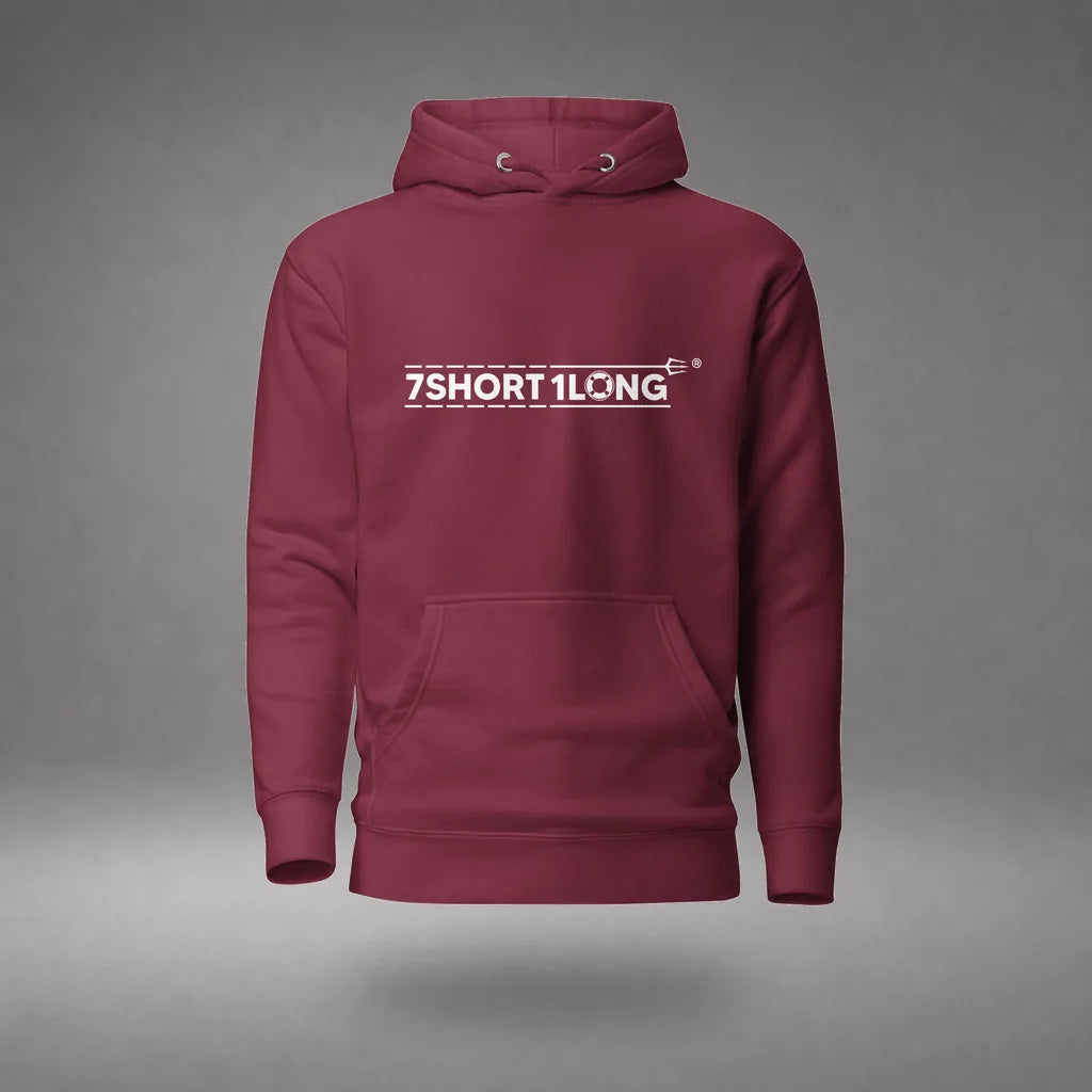 Seafarer Fire Drill Hoodie in Maroon, front view, floating over a gray studio floor.