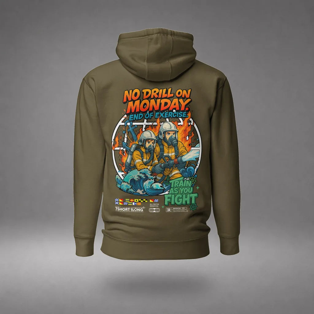 Seafarer Fire Drill Hoodie in Military Green, back view, floating over a gray studio floor.