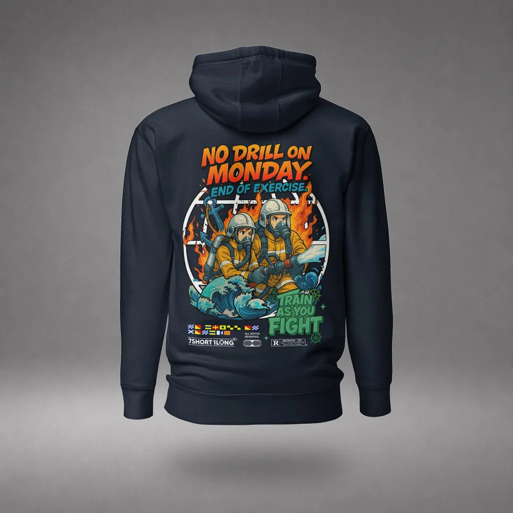 Seafarer Fire Drill Hoodie in Navy Blazer, back view, floating over a gray studio floor.