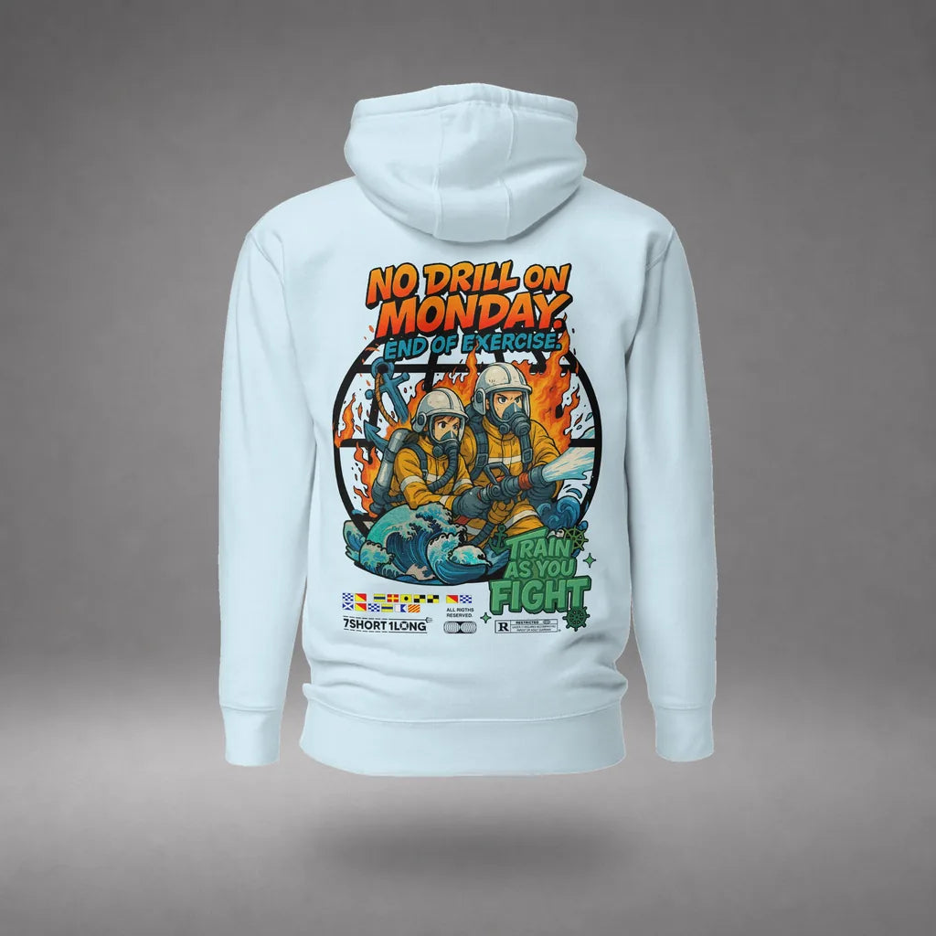 Seafarer Fire Drill Hoodie in Sky Blue, back view, floating over a gray studio floor.