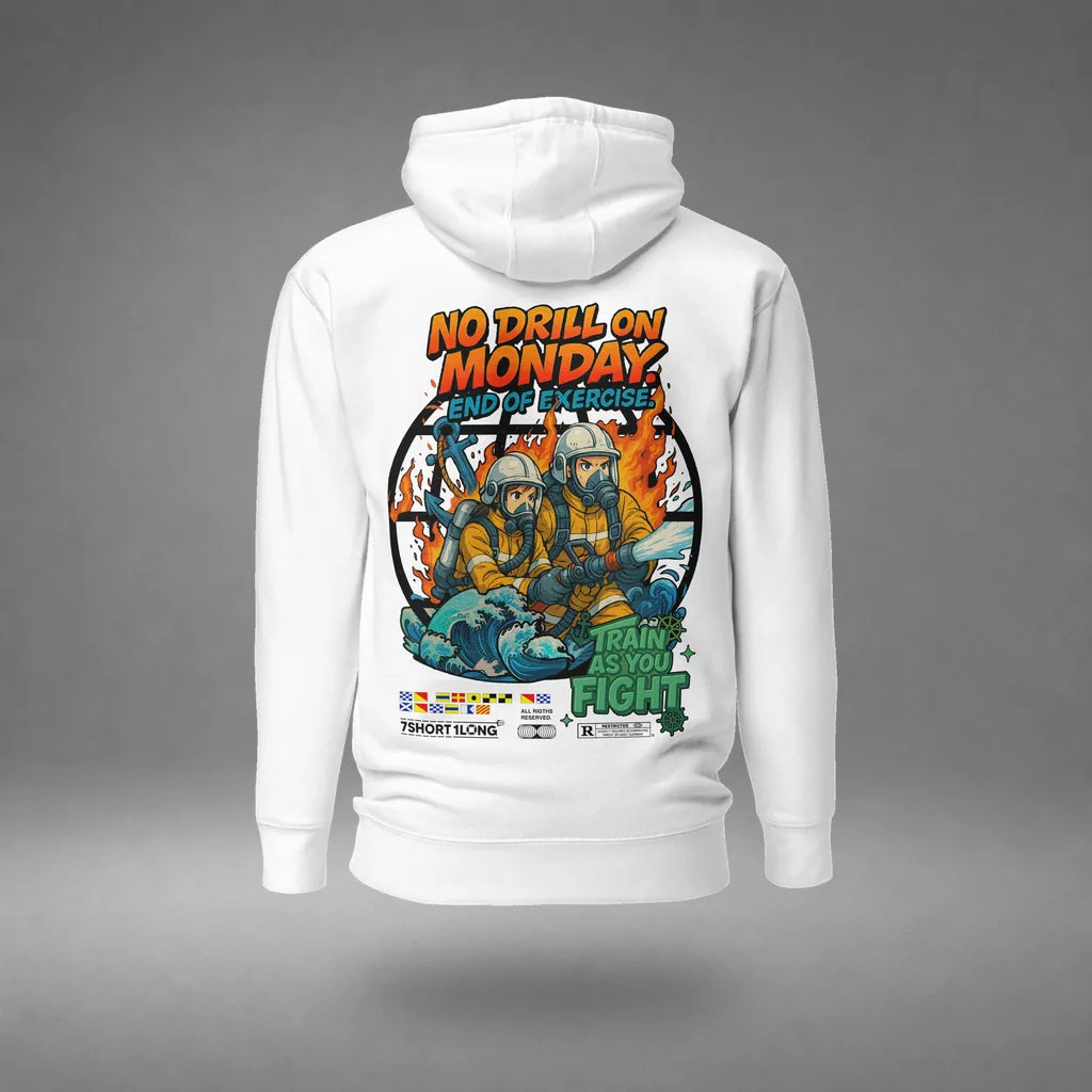 Seafarer Fire Drill Hoodie in White, front view, floating over a gray studio floor.