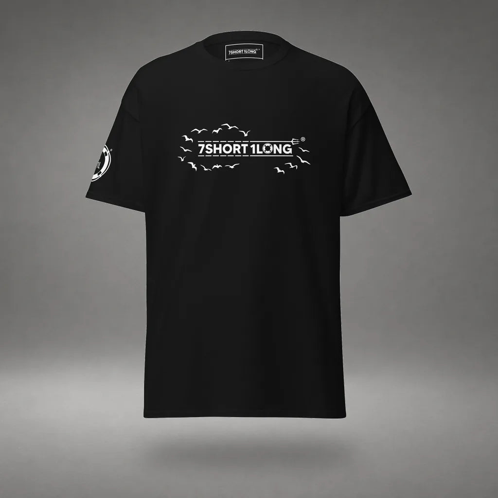 Seagull Club Maritime Seafarer T-Shirt in Black, front view, floating over a gray studio floor.