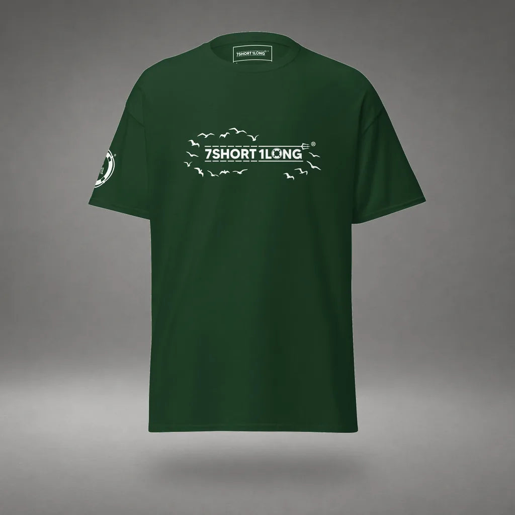 Seagull Club Maritime Seafarer T-Shirt in Forest Green, front view, floating over a gray studio floor.