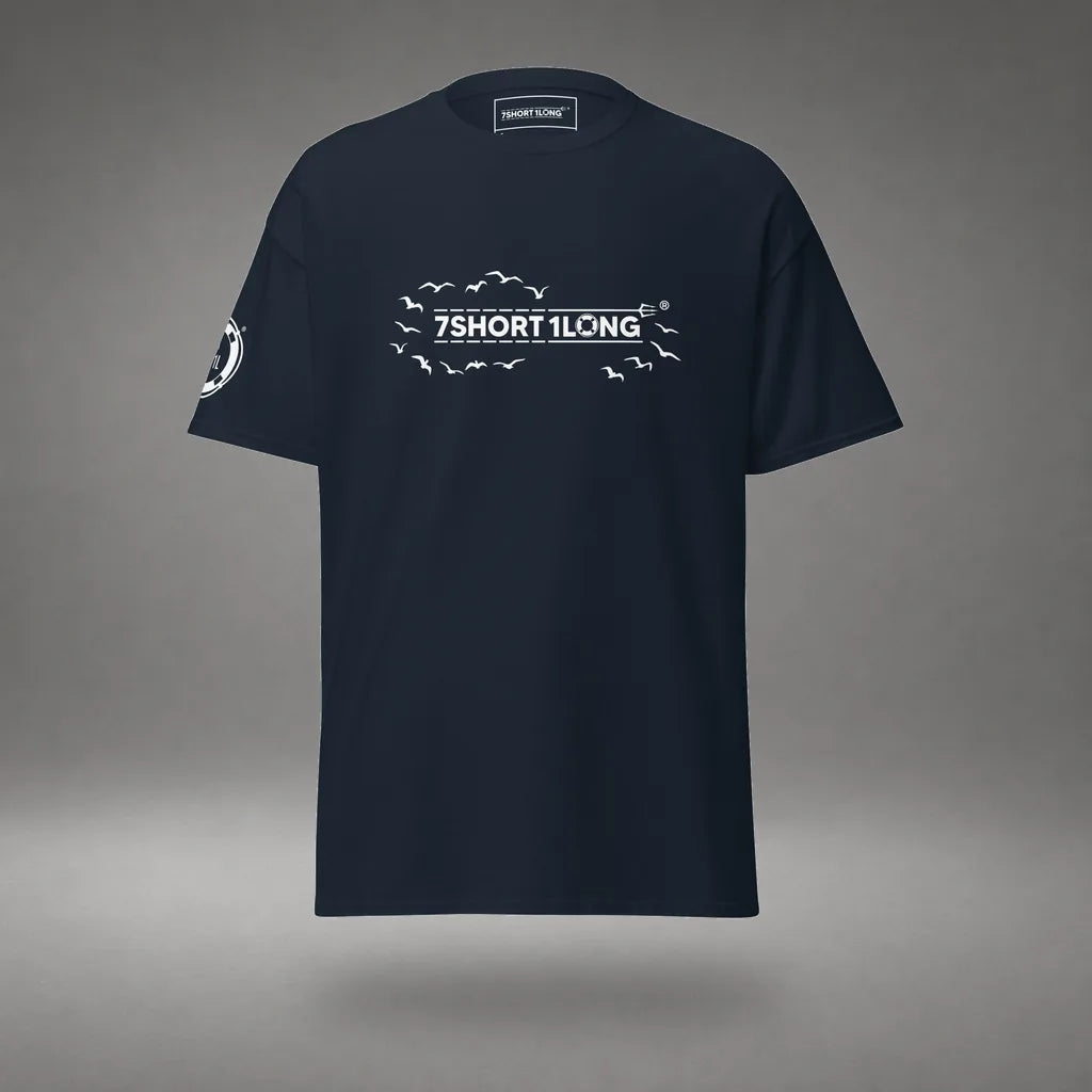 Seagull Club Maritime Seafarer T-Shirt in Navy, front view, floating over a gray studio floor.