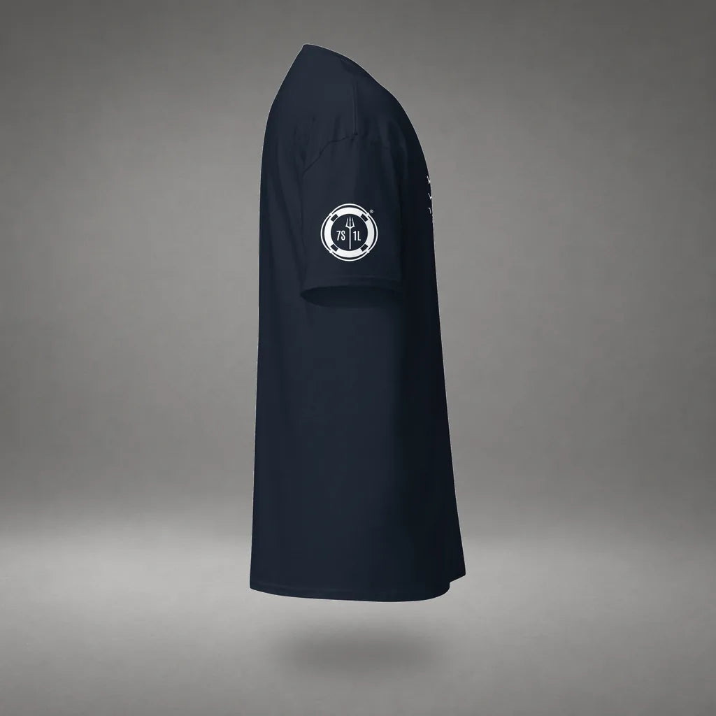 Seagull Club Maritime Seafarer T-Shirt in Navy, right side view, floating over a gray studio floor.