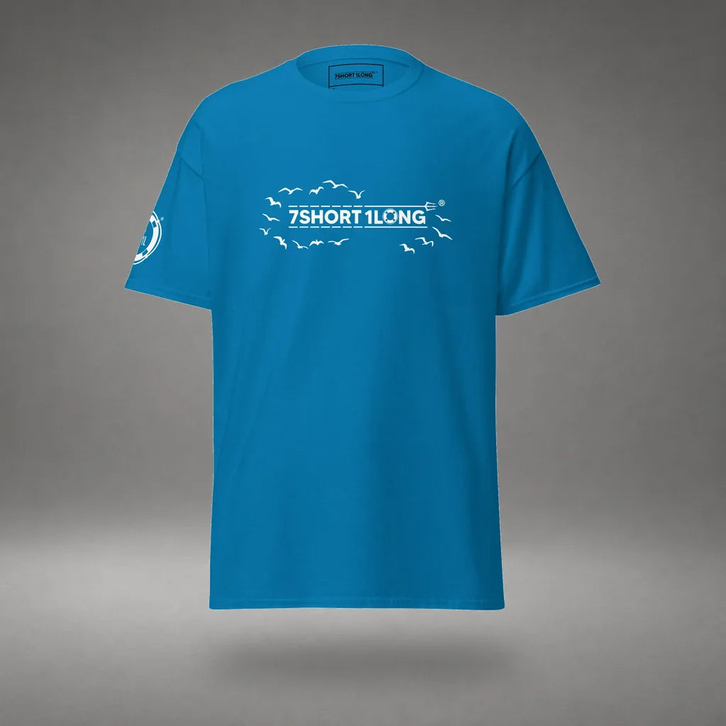 Seagull Club Maritime Seafarer T-Shirt in Sapphire, front view, floating over a gray studio floor.