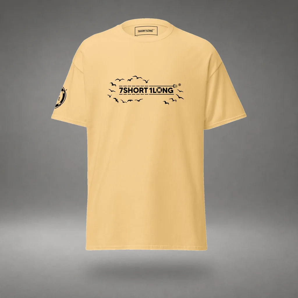 Seagull Club Maritime Seafarer T-Shirt in Yellow Haze, featured product view, floating over a gray studio floor.