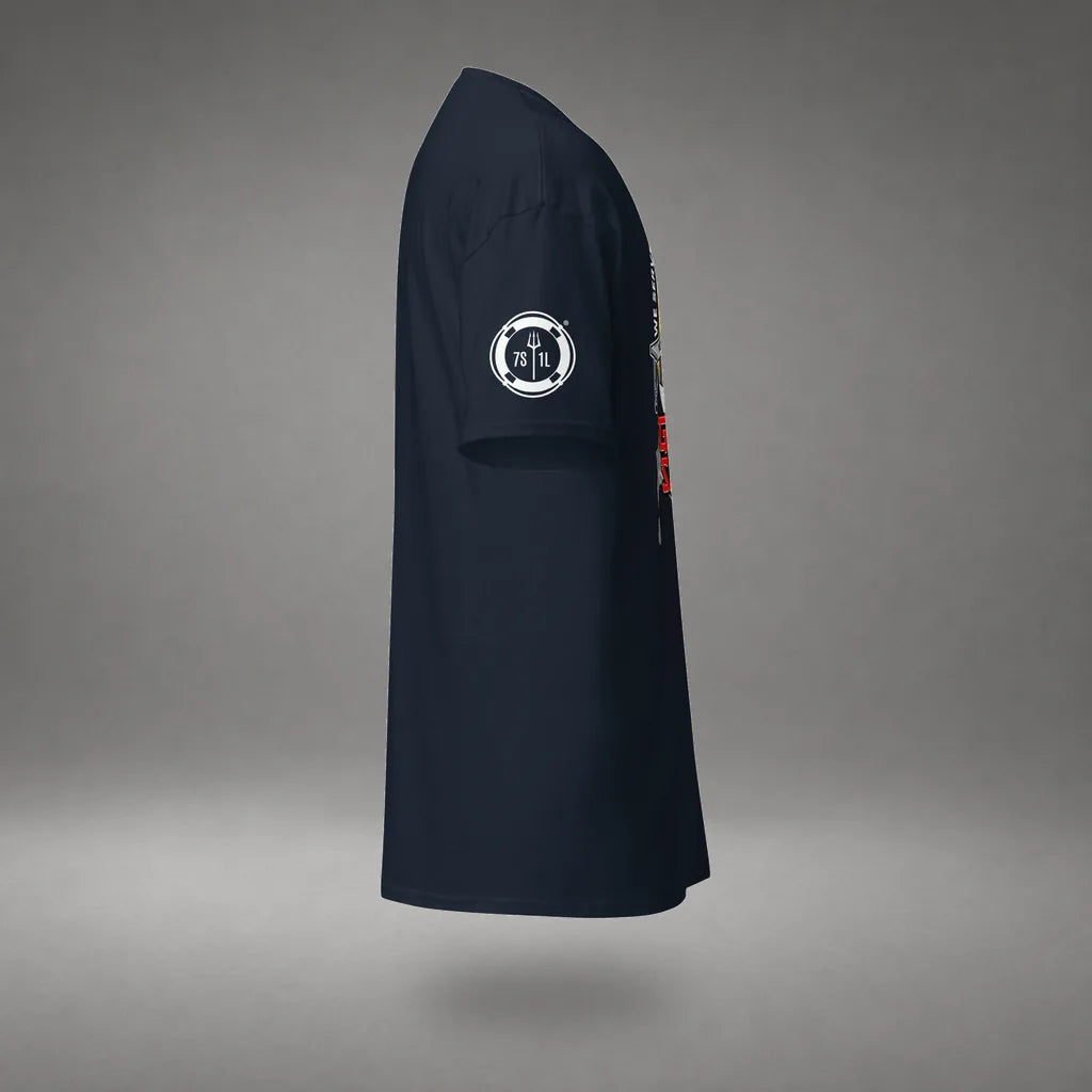 Ship Security Department T-Shirt in Navy, right side view, floating over a gray studio floor.