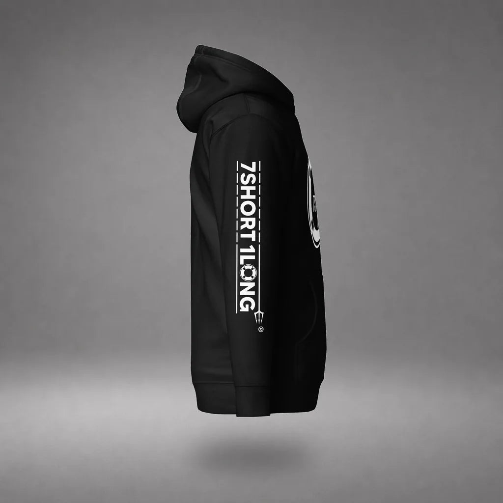 Sign On Sign Off Crew Hoodie in Black, right side view, floating over a gray studio floor.