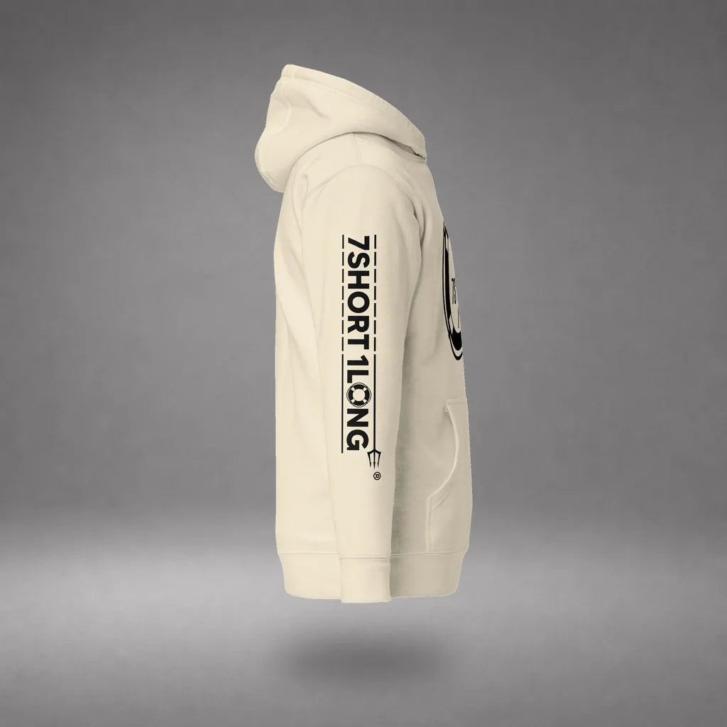 Sign On Sign Off Crew Hoodie in Bone, right side view, floating over a gray studio floor.