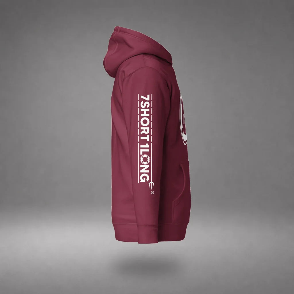 Sign On Sign Off Crew Hoodie in Maroon, right side view, floating over a gray studio floor.